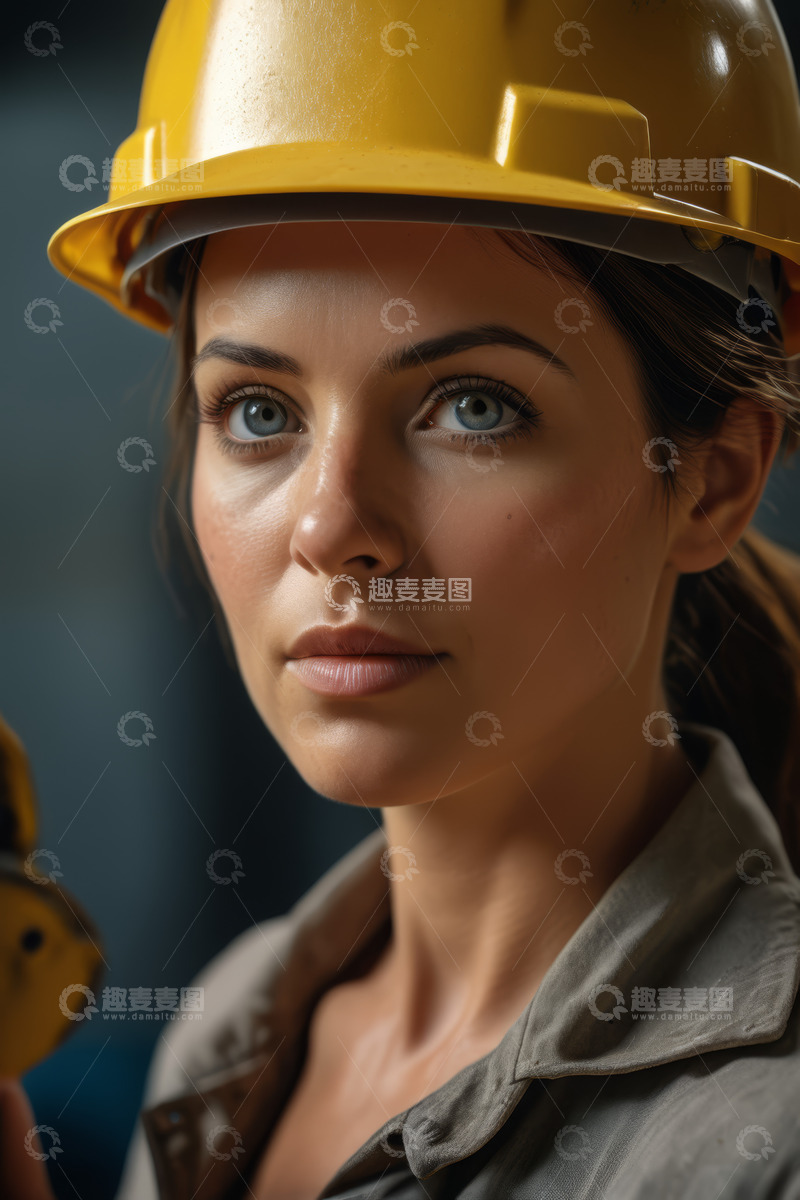 高清大图下载【趣麦麦图】戴安全帽的女性工人特写