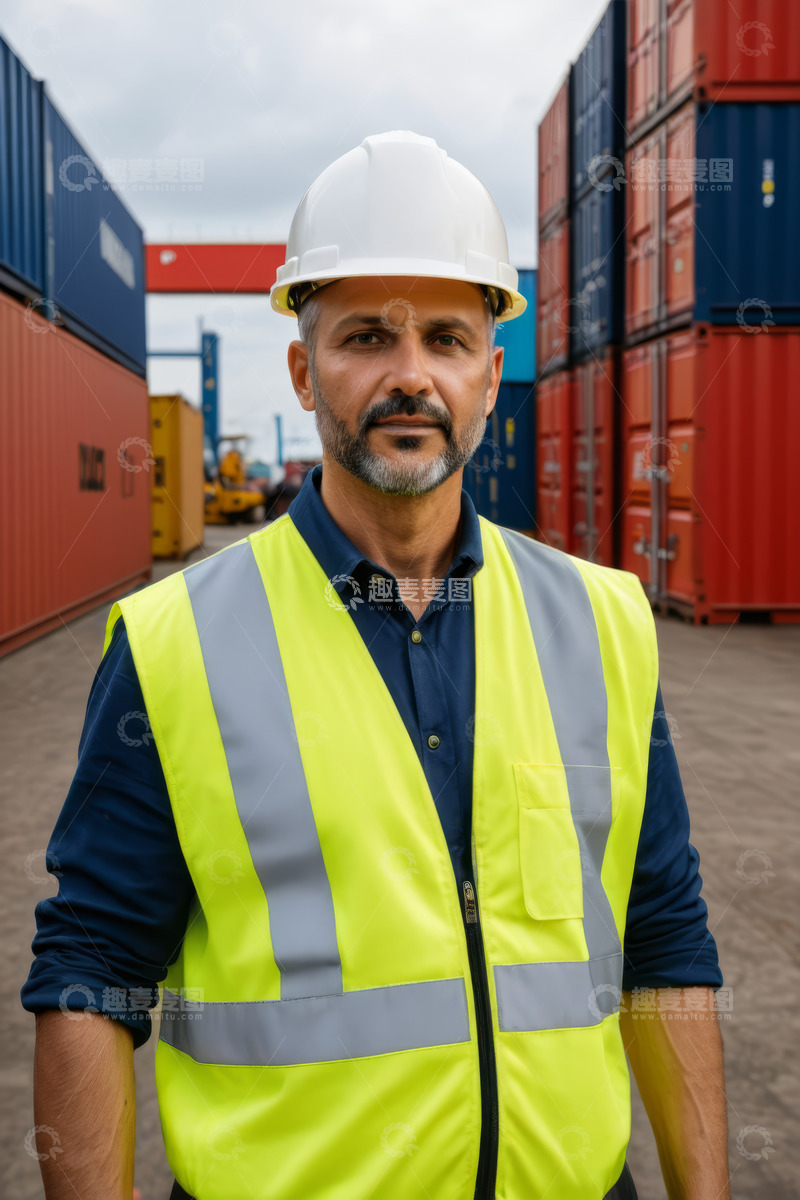 高清大图下载【趣麦麦图】港口工人身着反光背心与安全帽