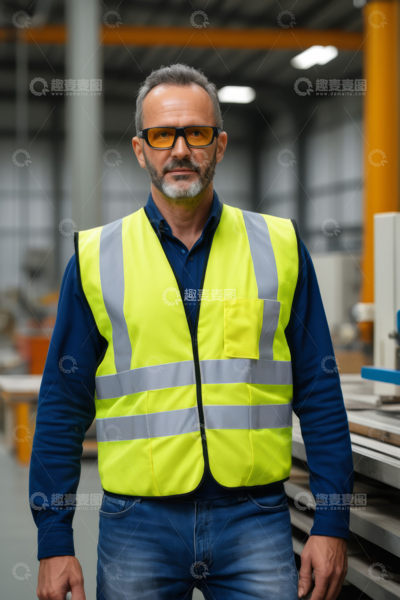 高清大图下载【趣麦麦图】工厂内穿反光背心的工人
