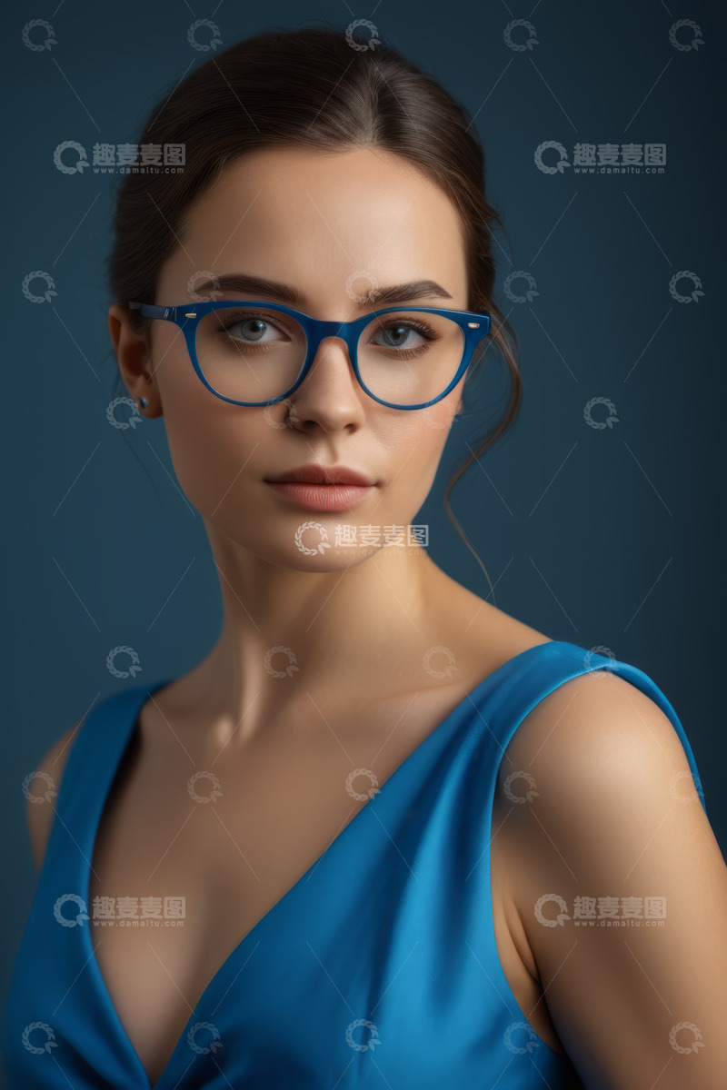 高清大图下载【趣麦麦图】戴蓝色眼镜的女士人像特写