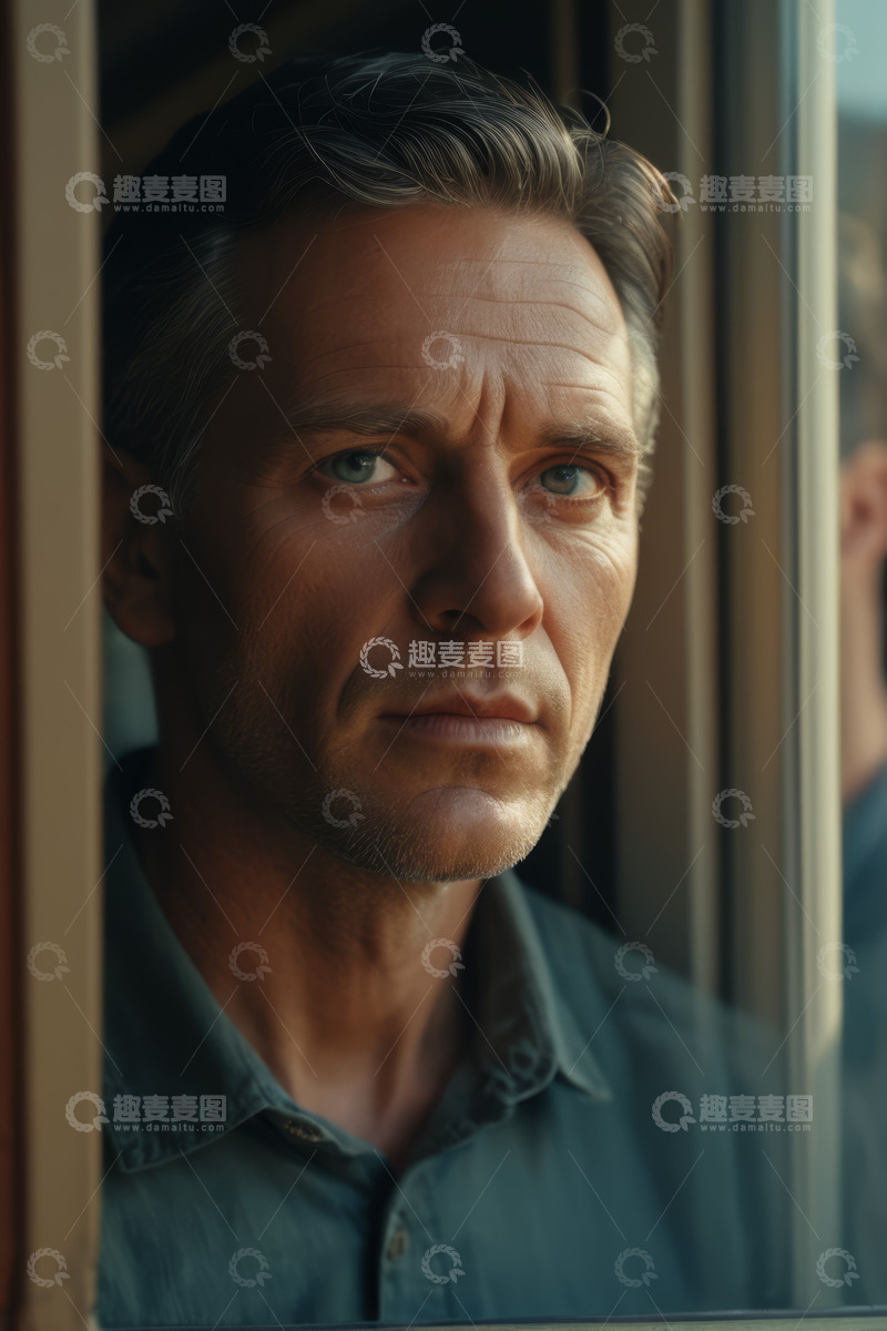 高清大图下载【趣麦麦图】窗边男子面部特写凝视画面