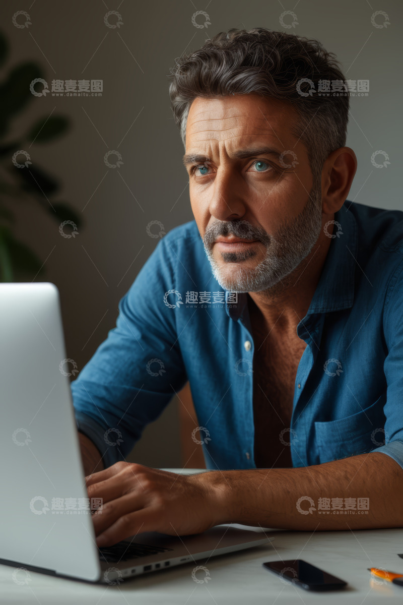 高清大图下载【趣麦麦图】中年男子专注使用笔记本电脑