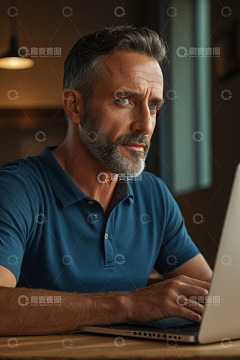 中年男子专注使用笔记本电脑