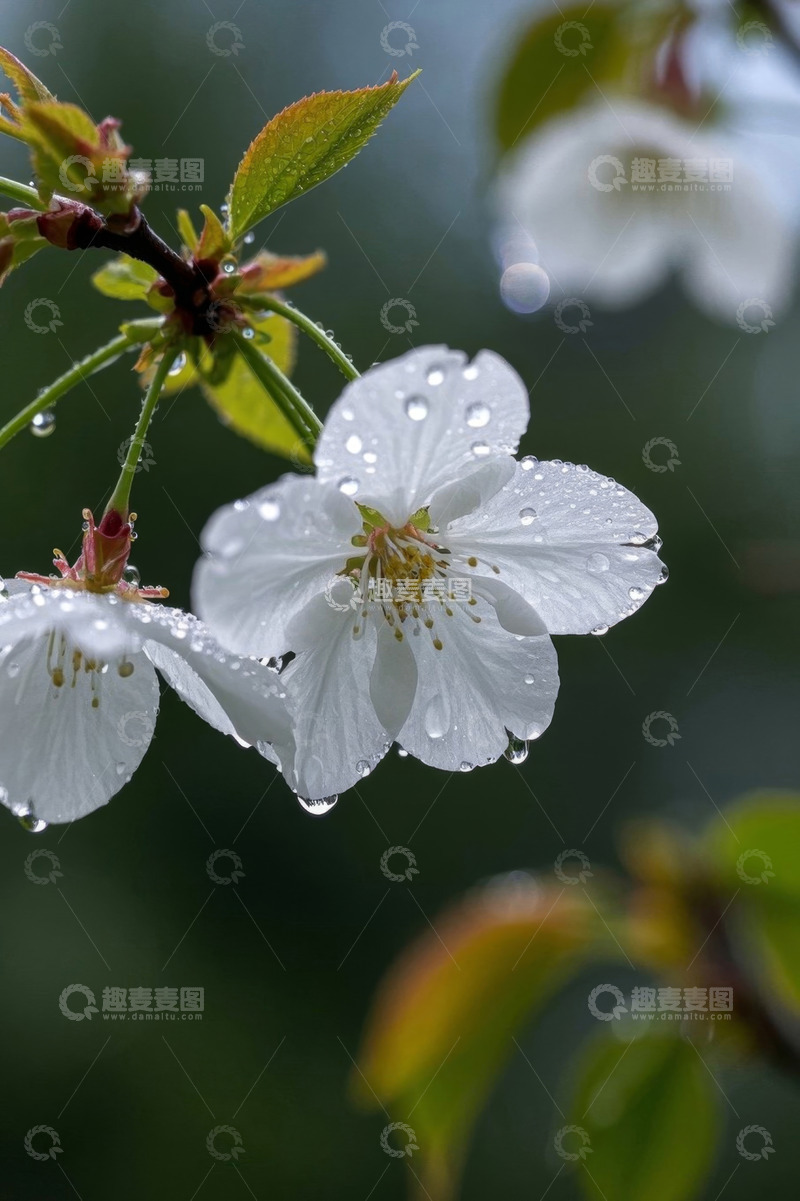 高清大图下载【趣麦麦图】带水珠的白色樱花特写