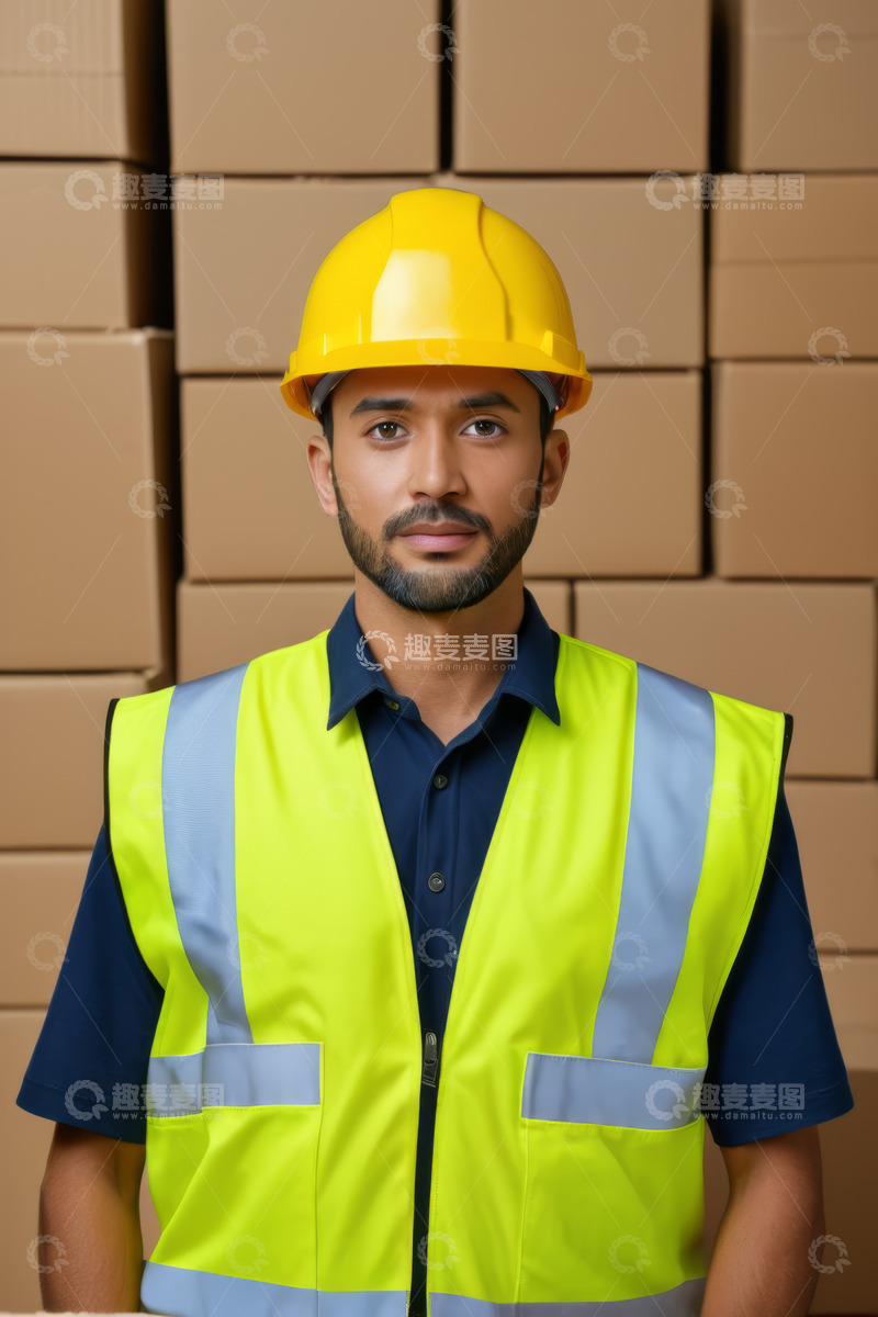 高清大图下载【趣麦麦图】仓库工人穿反光背心戴安全帽