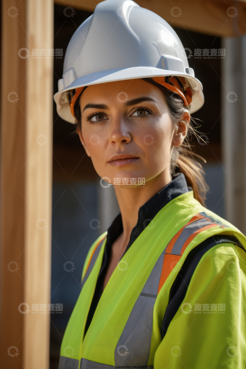 高清大图下载【趣麦麦图】戴安全帽穿反光背心的女性
