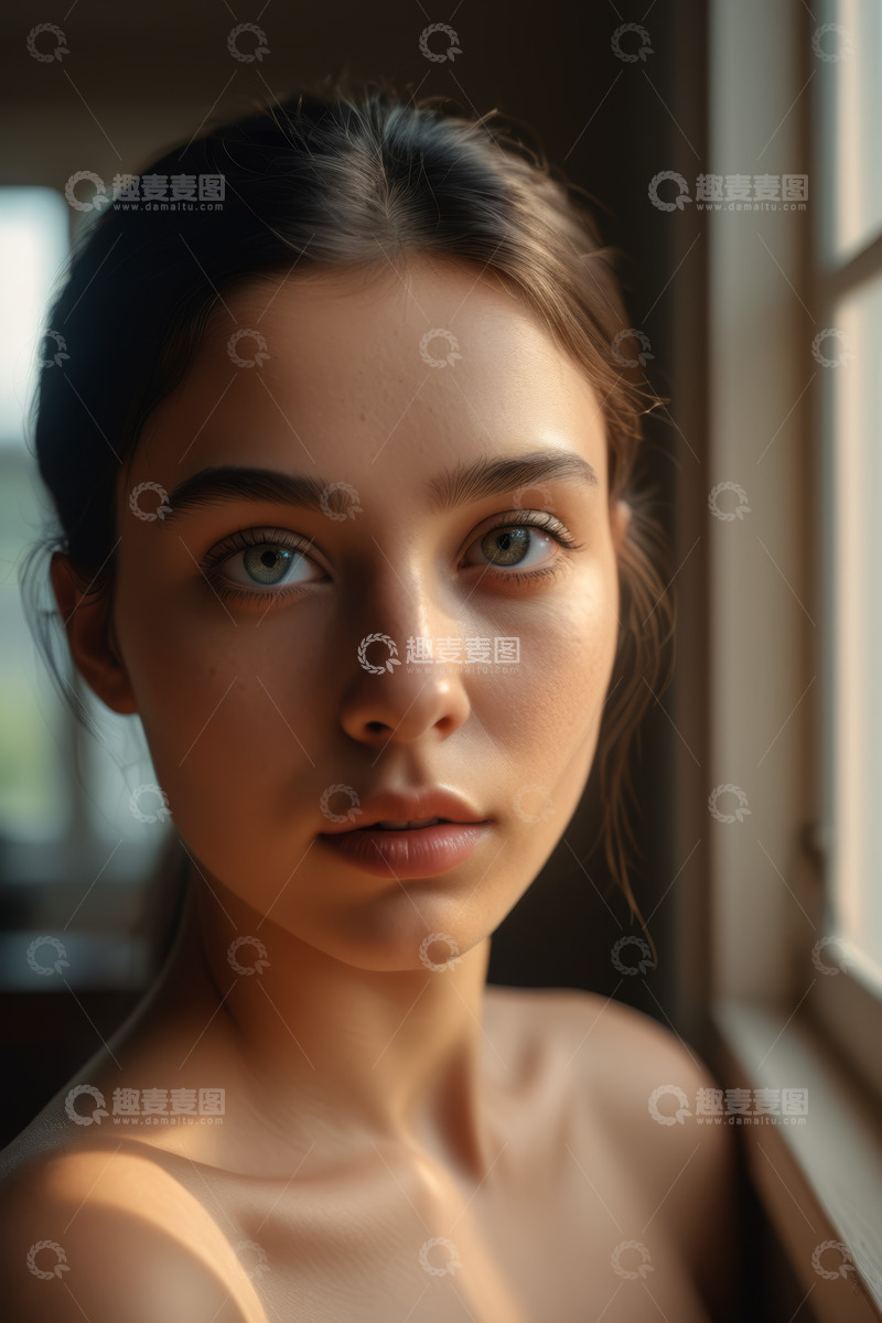 高清大图下载【趣麦麦图】窗边女性近景肖像