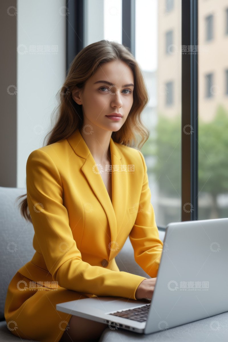 高清大图下载【趣麦麦图】身着黄西装女性办公场景