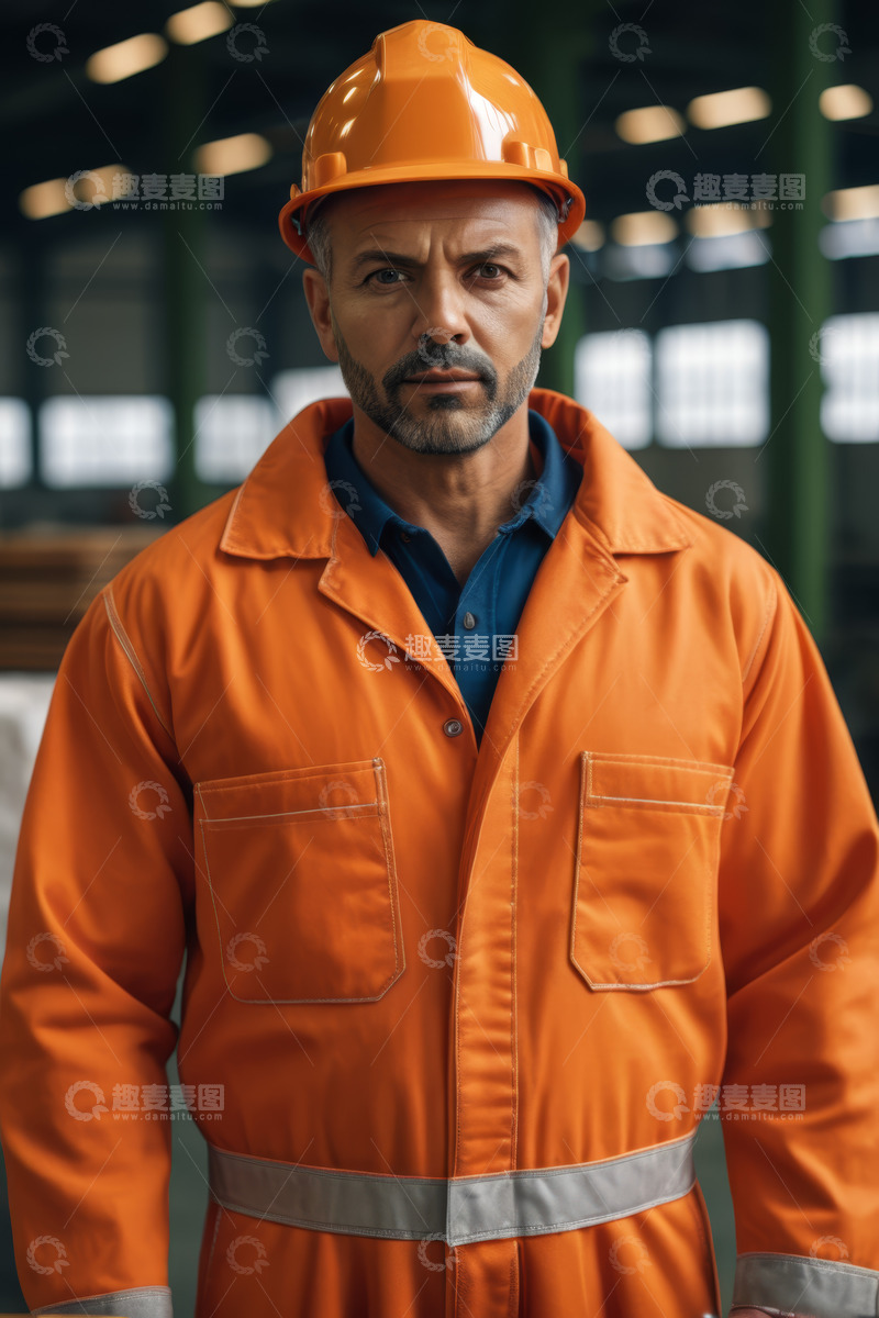 高清大图下载【趣麦麦图】工厂工人穿橙色工装戴安全帽