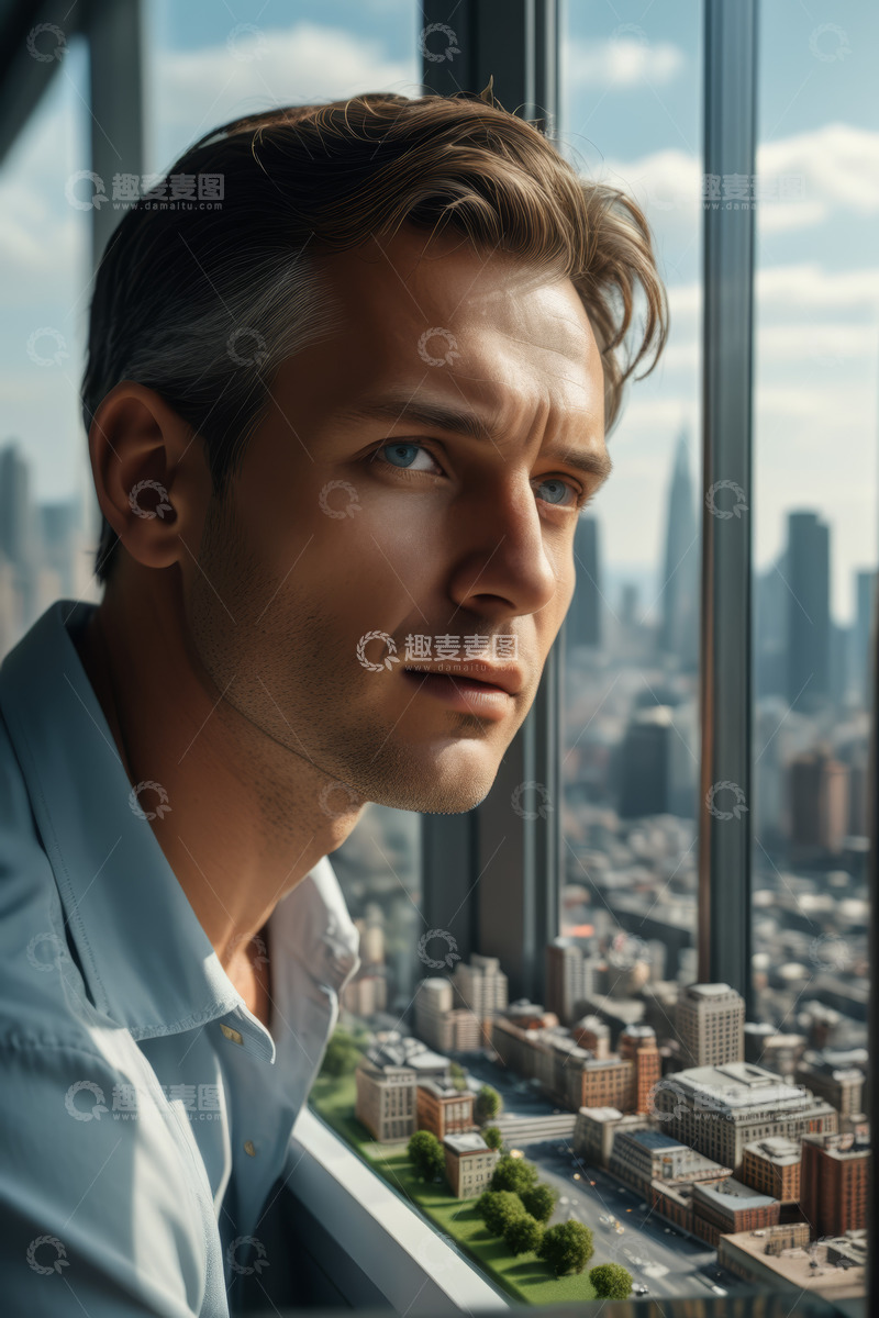 高清大图下载【趣麦麦图】窗边男子凝视城市景观