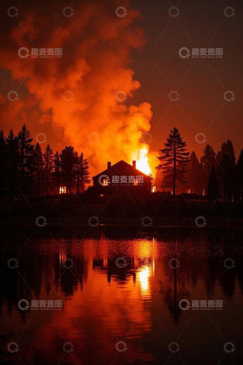 高清大图下载【趣麦麦图】湖畔房屋失火夜景