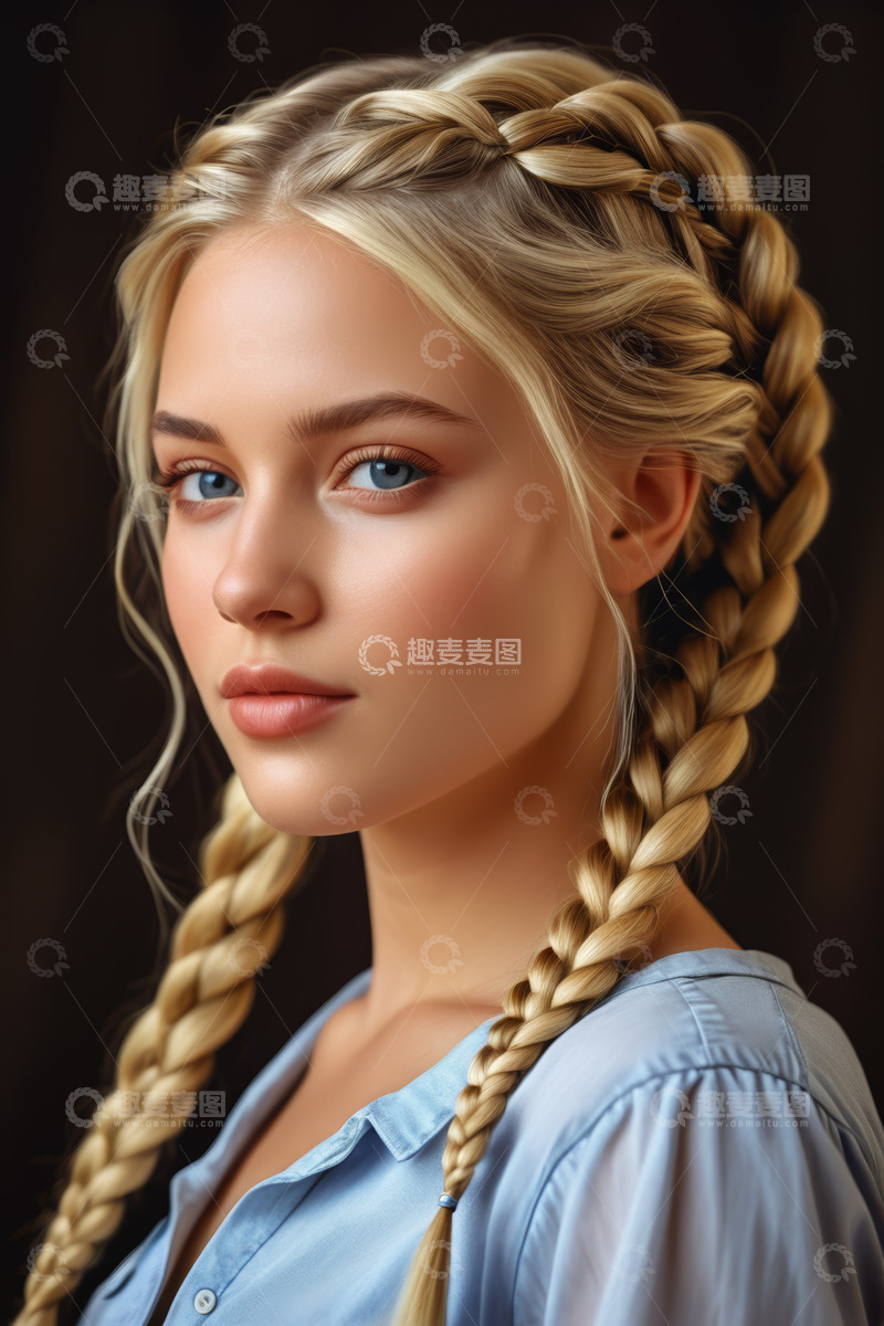 高清大图下载【趣麦麦图】金发编辫女子特写肖像