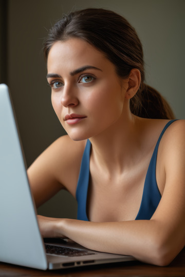 女性使用笔记本电脑专注画面