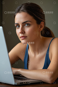 女性使用笔记本电脑专注画面