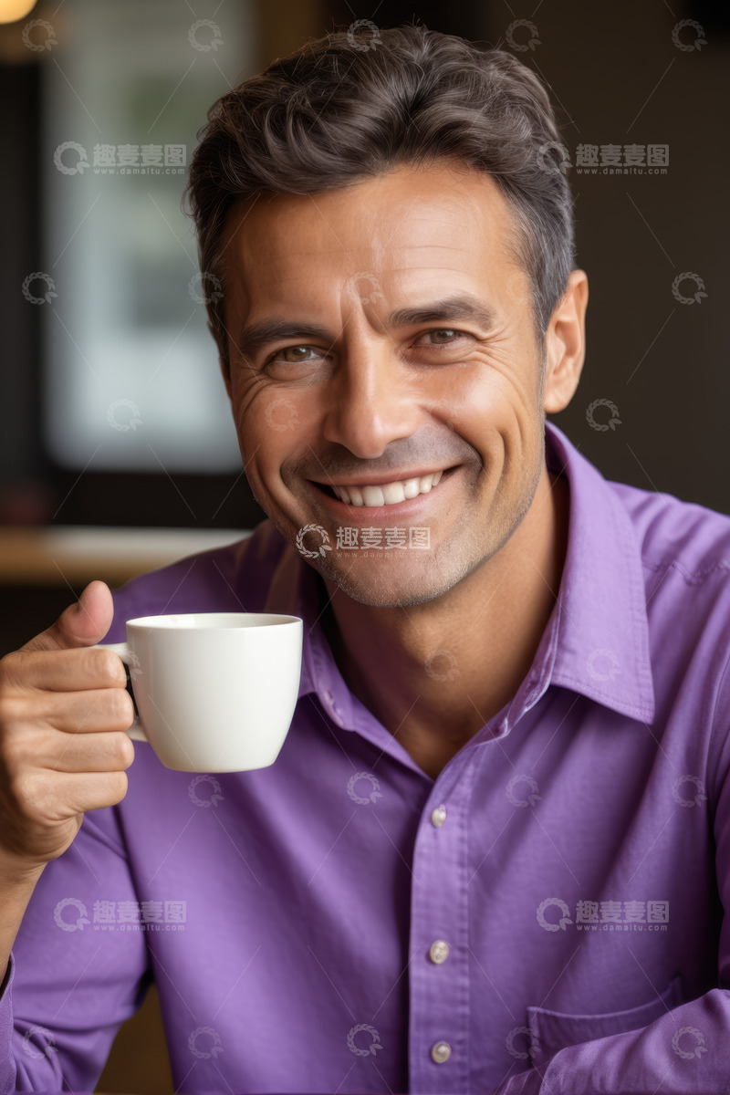 高清大图下载【趣麦麦图】男子手持咖啡杯微笑特写