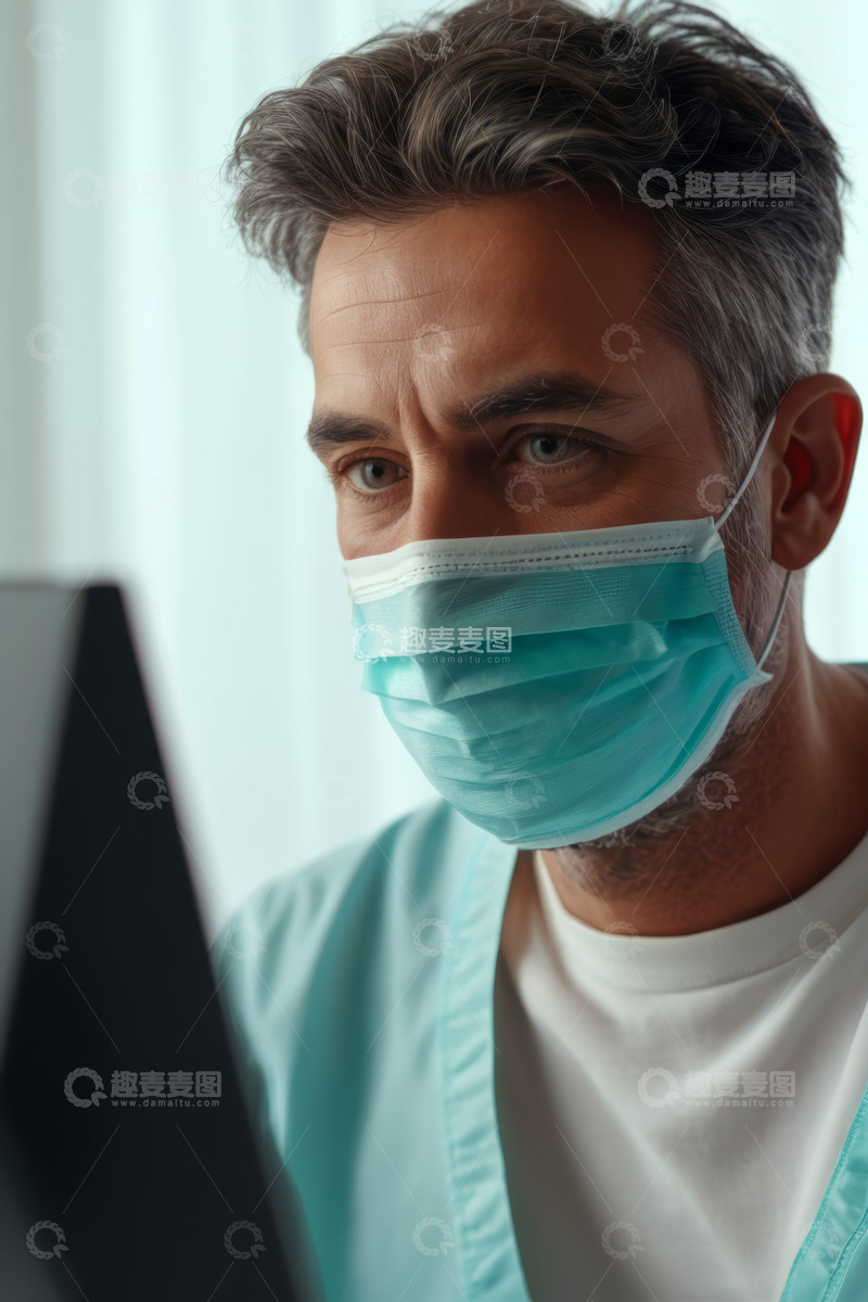 高清大图下载【趣麦麦图】戴口罩医生专注看电脑画面