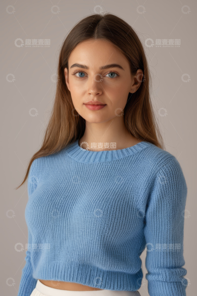 高清大图下载【趣麦麦图】穿蓝色毛衣的女性半身像