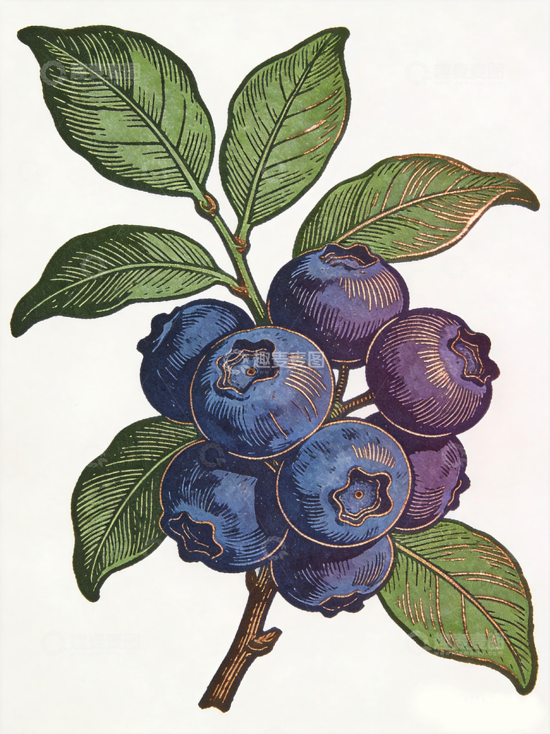 高清大图下载【趣麦麦图】木刻风格蓝莓插画