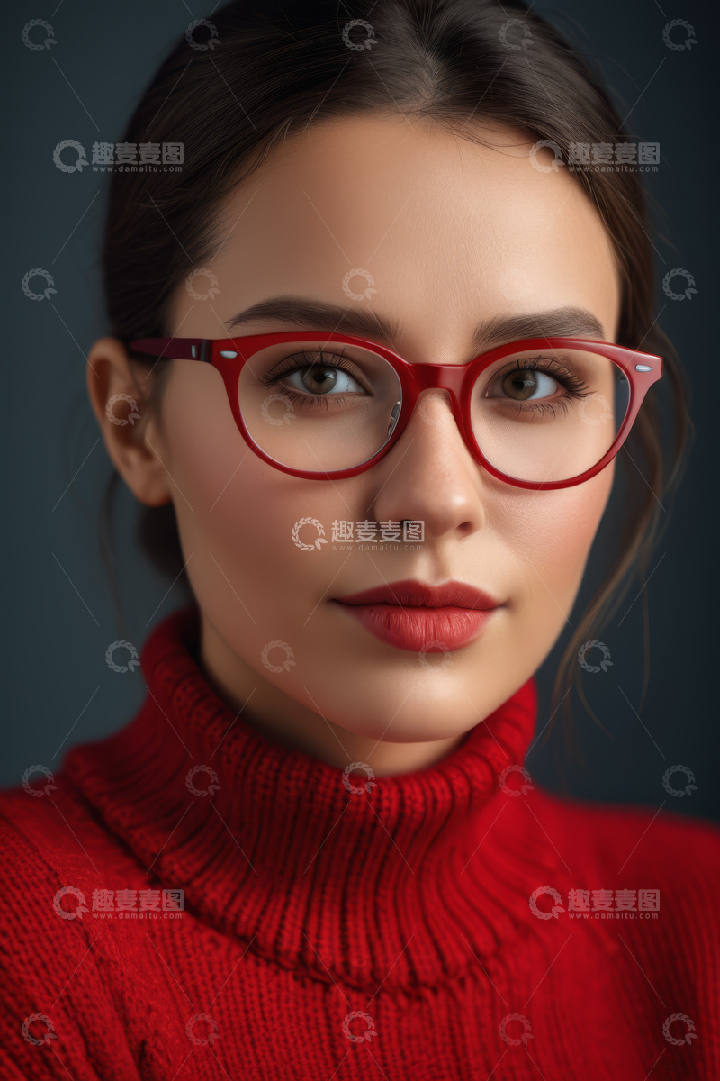 高清大图下载【趣麦麦图】戴红框眼镜的红衣女子肖像