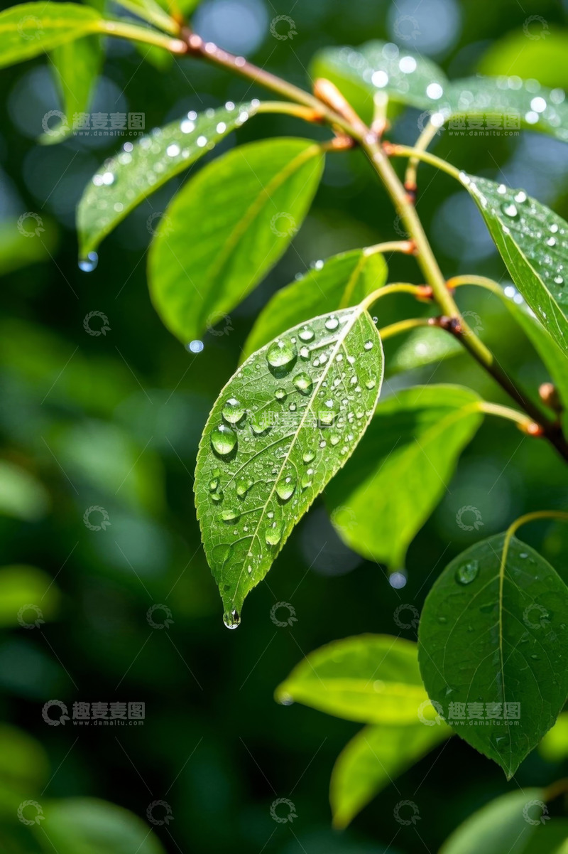 高清大图下载【趣麦麦图】带水珠的嫩绿树叶特写