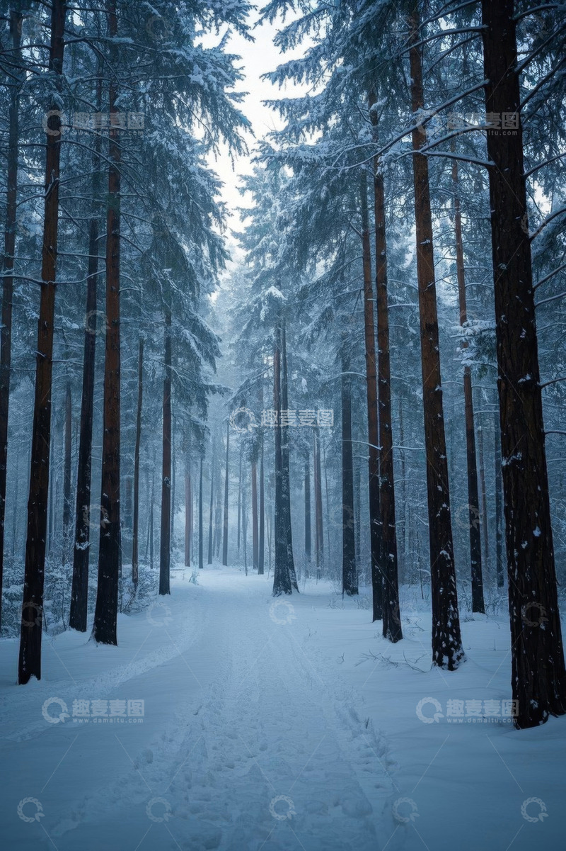 高清大图下载【趣麦麦图】冬日雪覆森林林间小道
