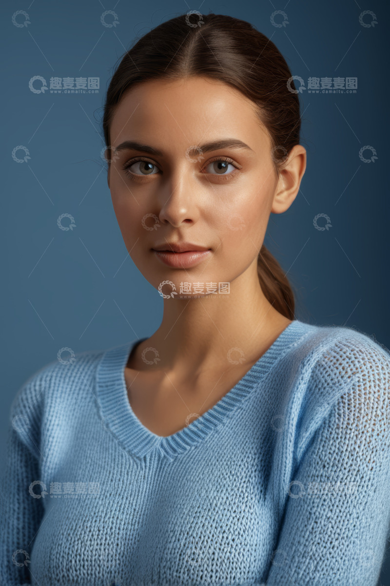 高清大图下载【趣麦麦图】穿蓝色毛衣的女性肖像