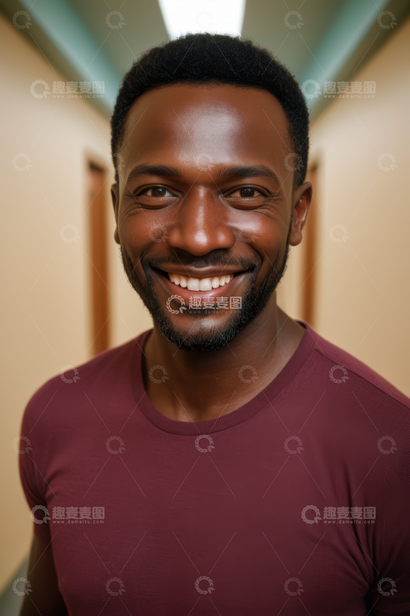 高清大图下载【趣麦麦图】走廊中微笑的黑人男子肖像