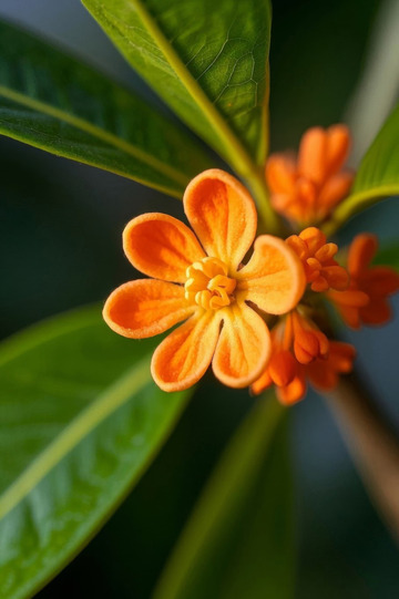 微距特写橙色桂花与绿叶