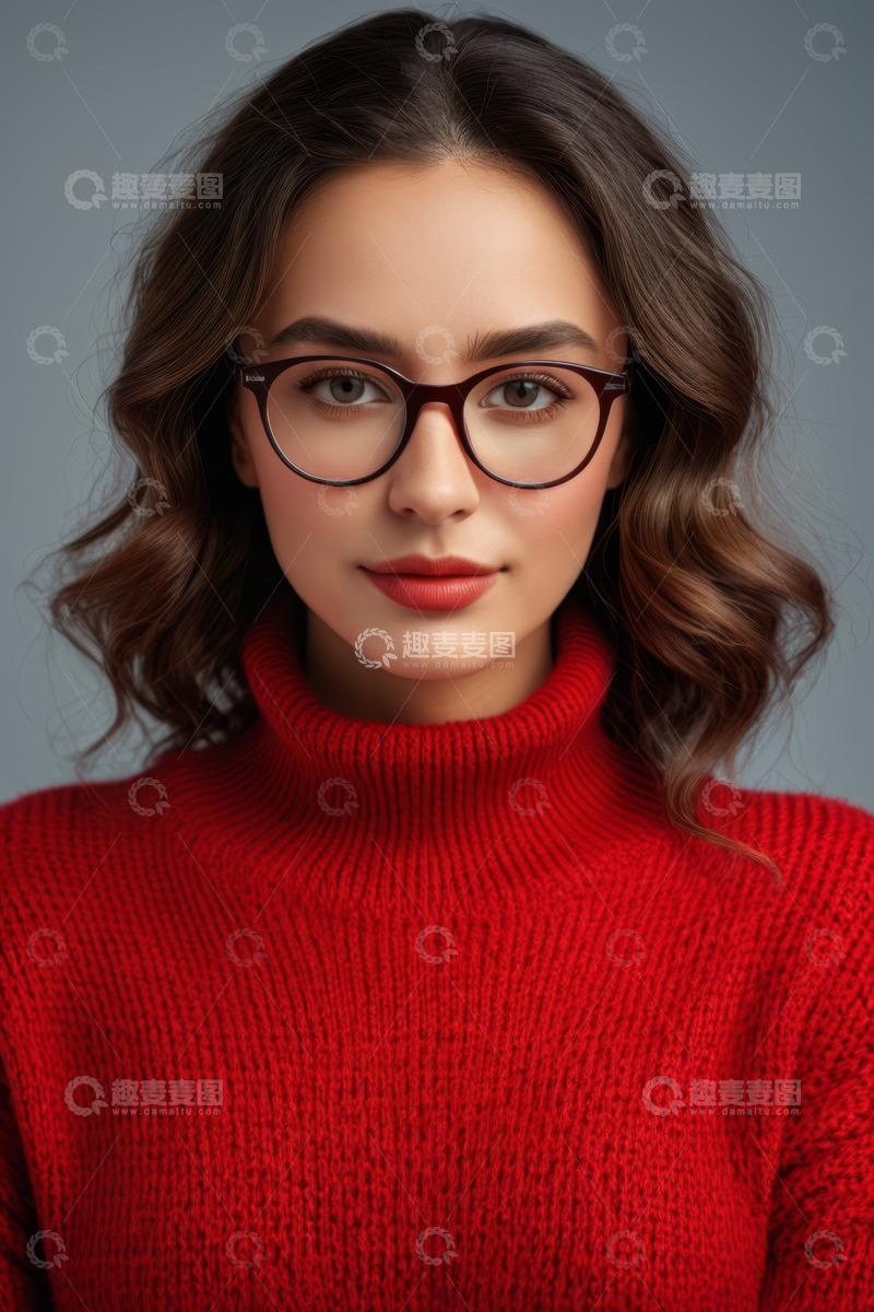 高清大图下载【趣麦麦图】戴眼镜穿红毛衣的女性肖像