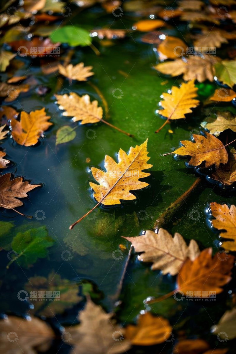 高清大图下载【趣麦麦图】水面漂浮的秋日落叶