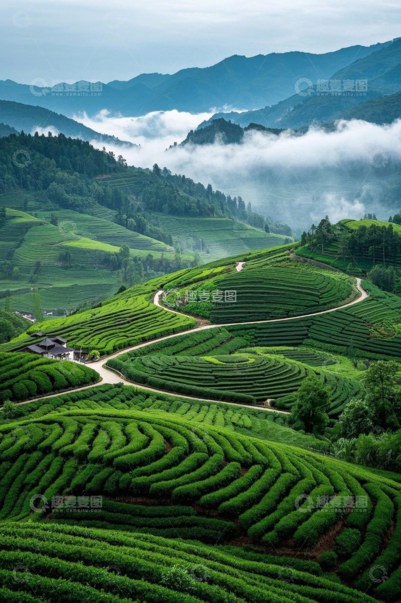 高清大图下载【趣麦麦图】山间云雾缭绕的梯田茶园风光