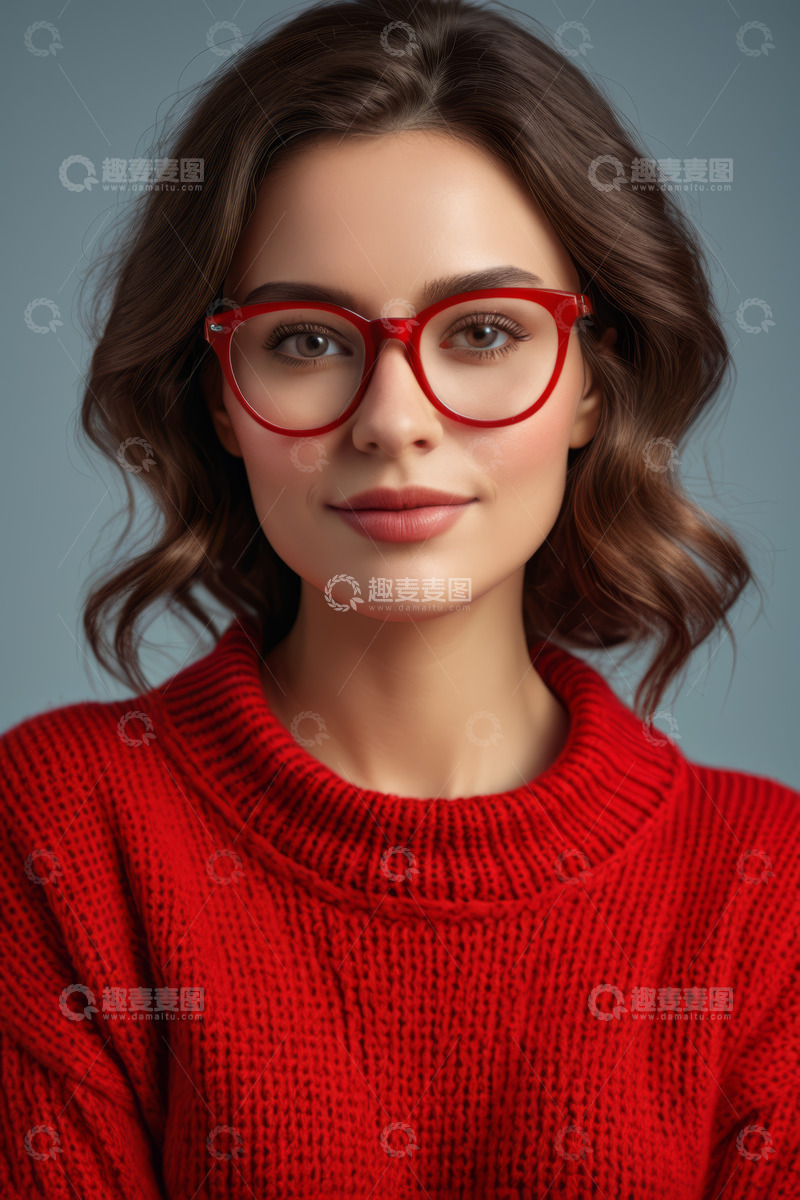 高清大图下载【趣麦麦图】戴红框眼镜穿红毛衣的女性