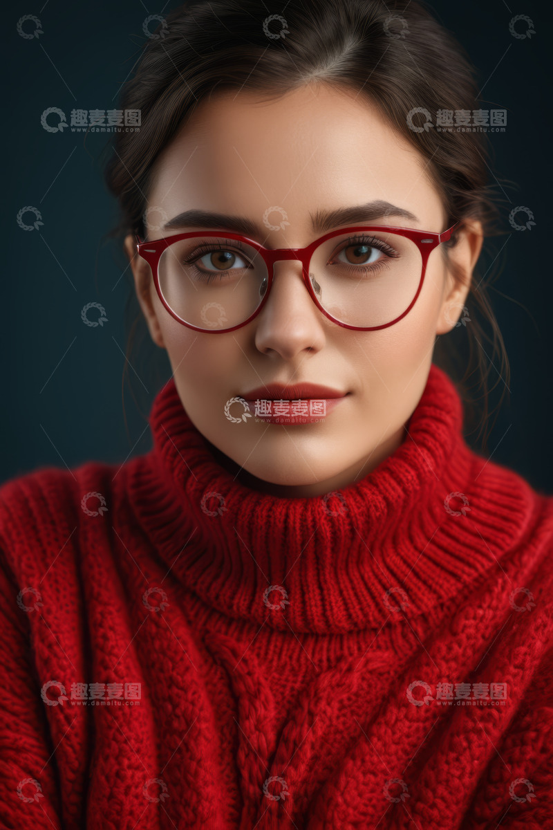高清大图下载【趣麦麦图】戴红框眼镜穿红毛衣的女人