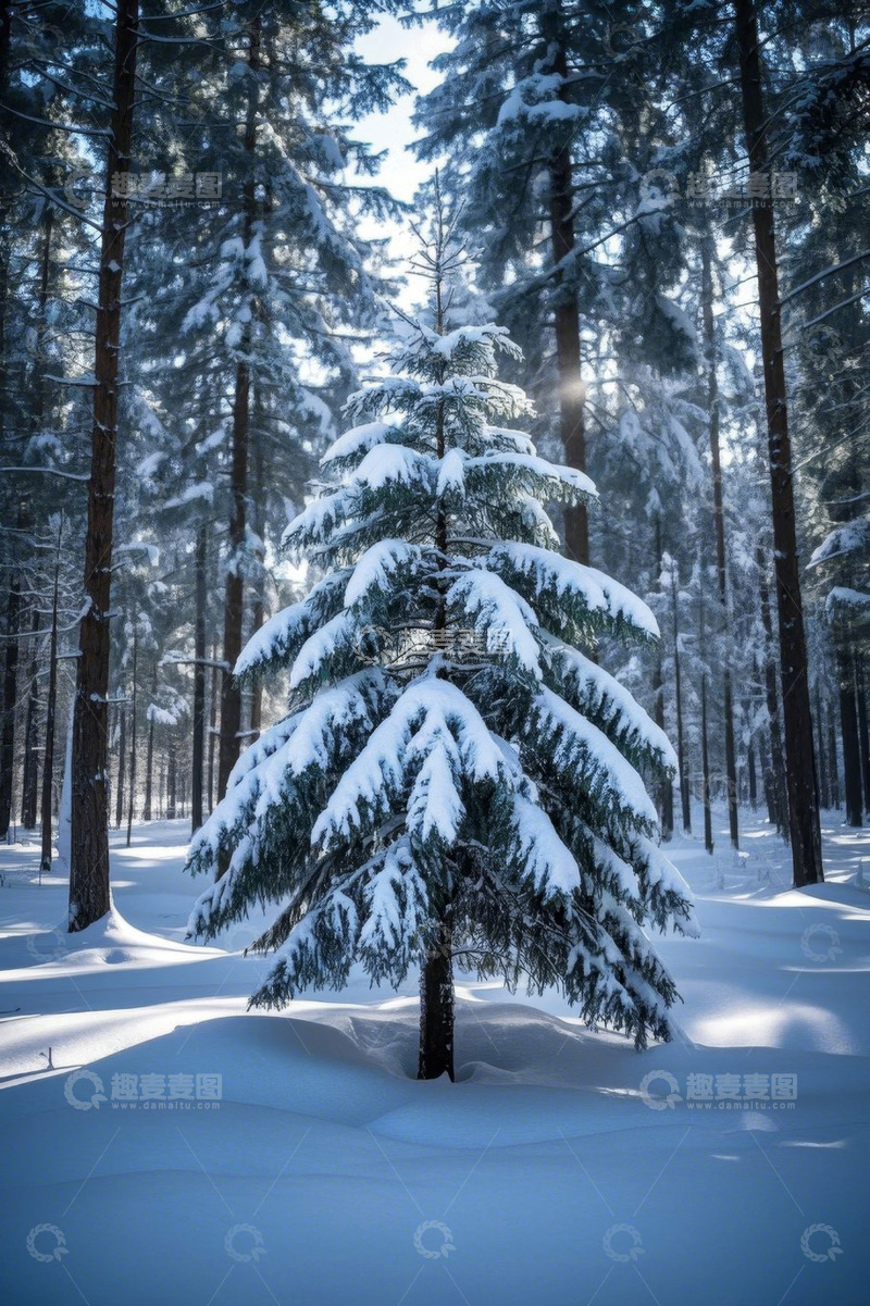 高清大图下载【趣麦麦图】冬日雪覆森林中的松树景观