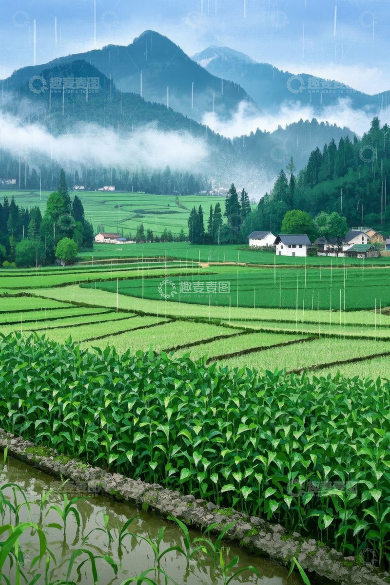 高清大图下载【趣麦麦图】雨中乡村田野与远山风景