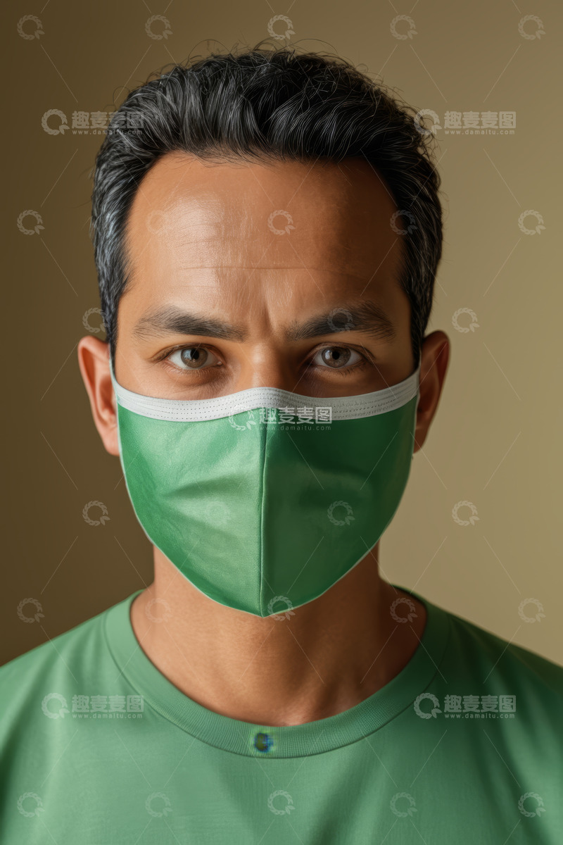 高清大图下载【趣麦麦图】戴绿色口罩的男子特写