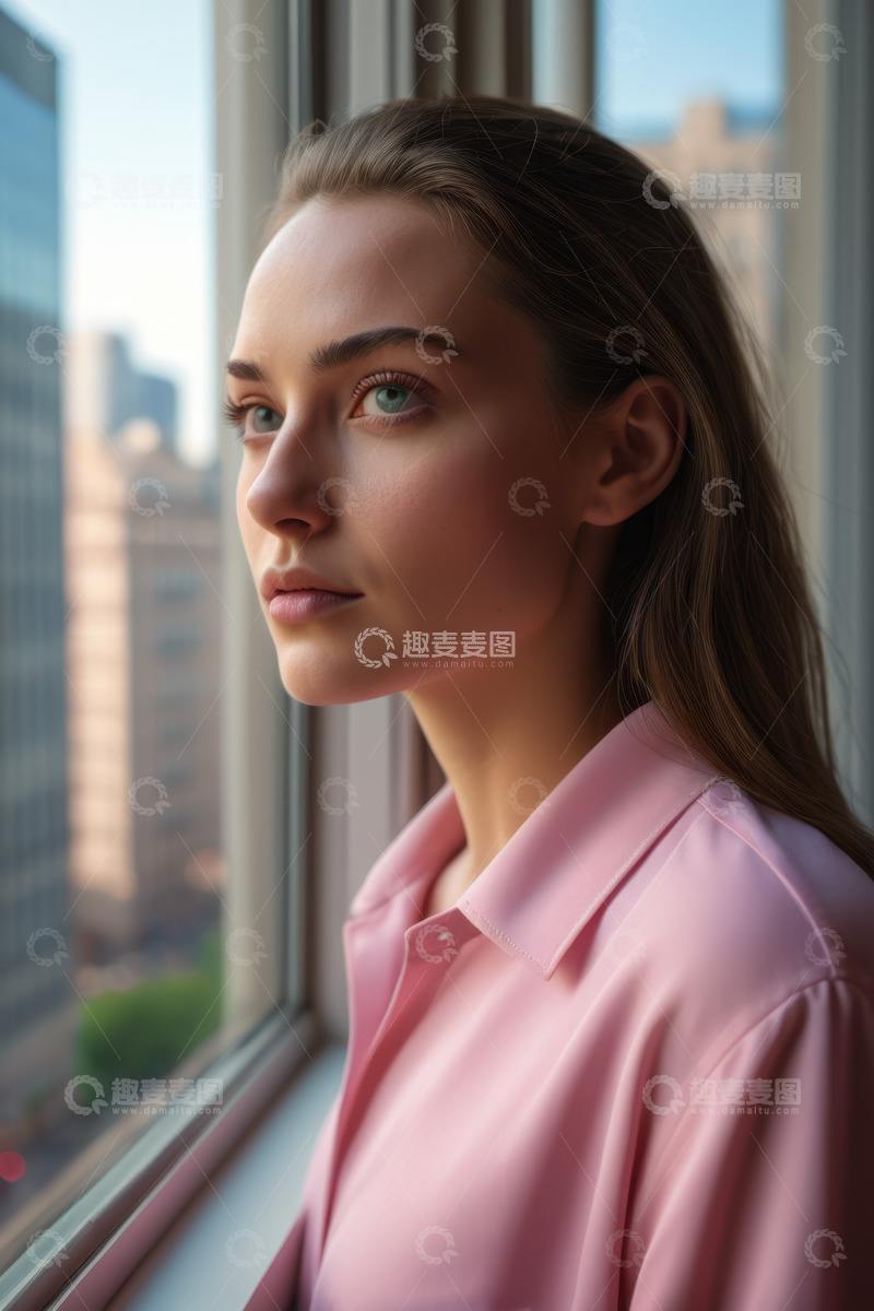 高清大图下载【趣麦麦图】窗边粉色衬衫女子肖像