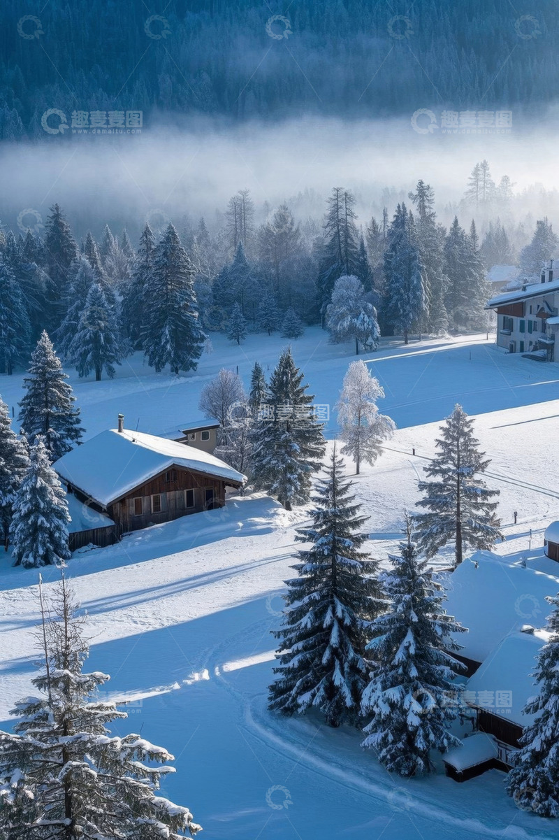 高清大图下载【趣麦麦图】冬日雪覆山林中的村落景象