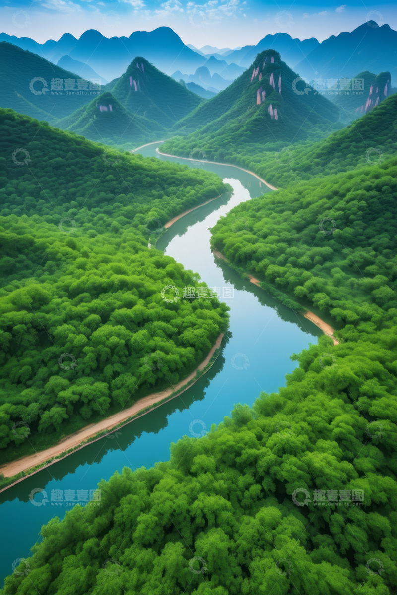 高清大图下载【趣麦麦图】青山绿水间蜿蜒河流景观