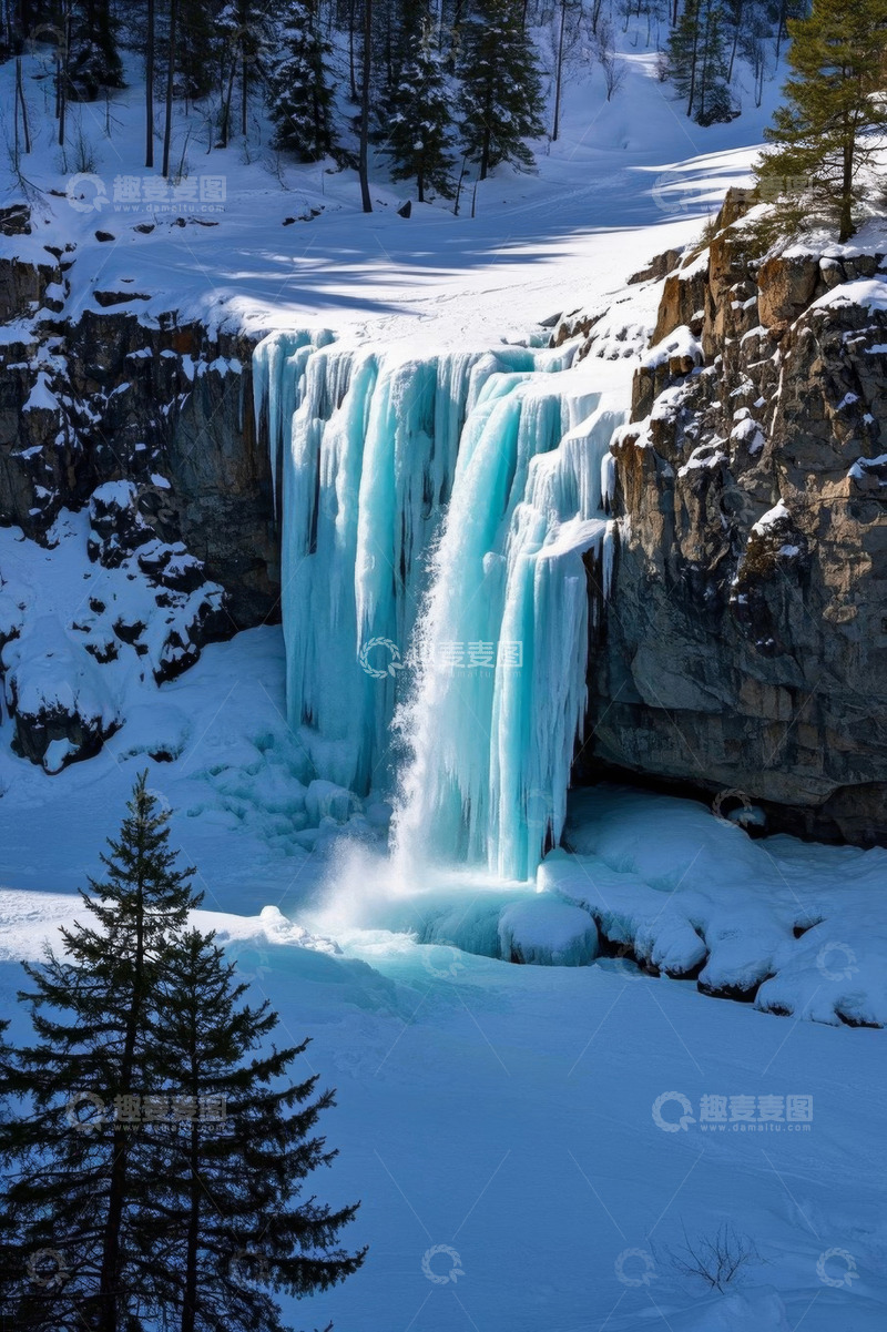 高清大图下载【趣麦麦图】冬季冰雪覆盖的瀑布景观