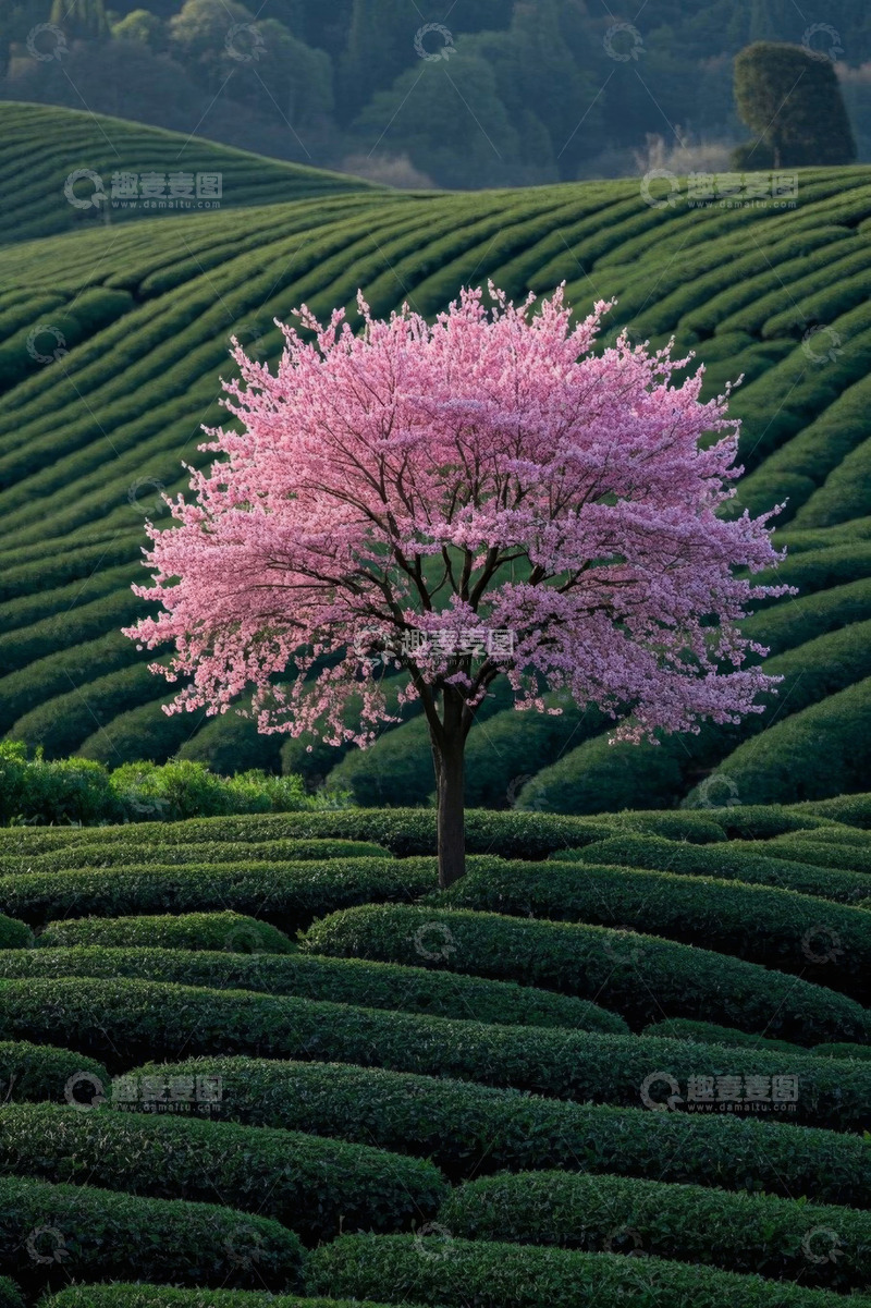 高清大图下载【趣麦麦图】茶园中盛开的粉色樱花树