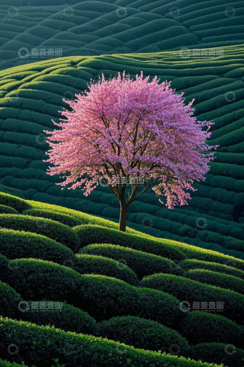 高清大图下载【趣麦麦图】茶园中盛开的粉色樱花树