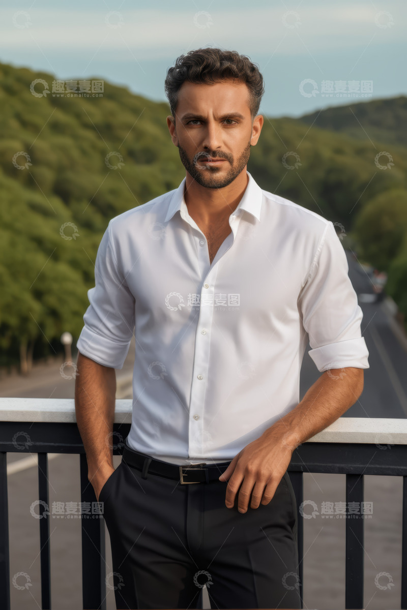 高清大图下载【趣麦麦图】户外倚栏而立的英俊男子