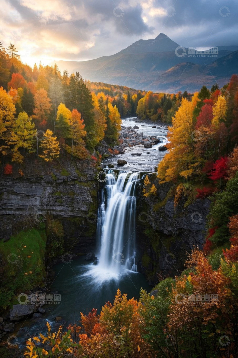 高清大图下载【趣麦麦图】秋日山林间的瀑布景观