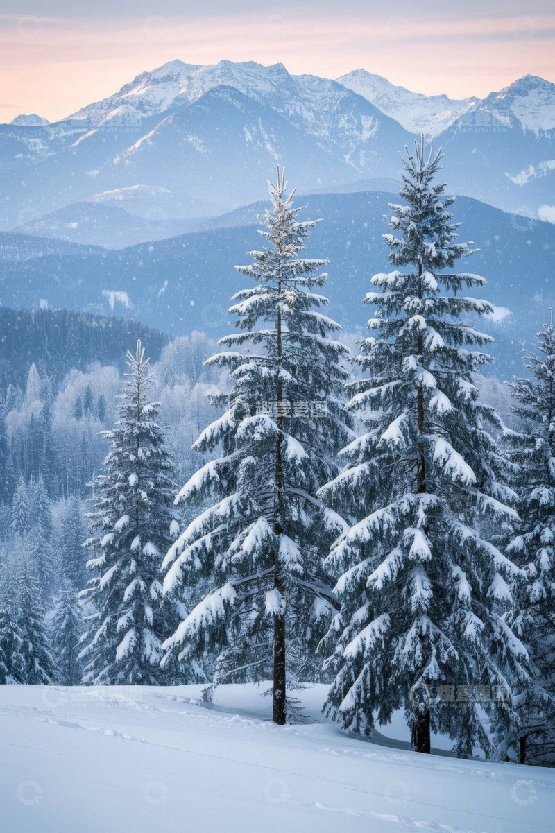 高清大图下载【趣麦麦图】雪覆山林与远处雪山风景