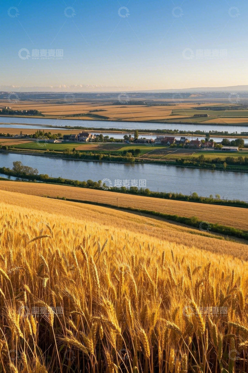 高清大图下载【趣麦麦图】麦田河畔乡村田园风光