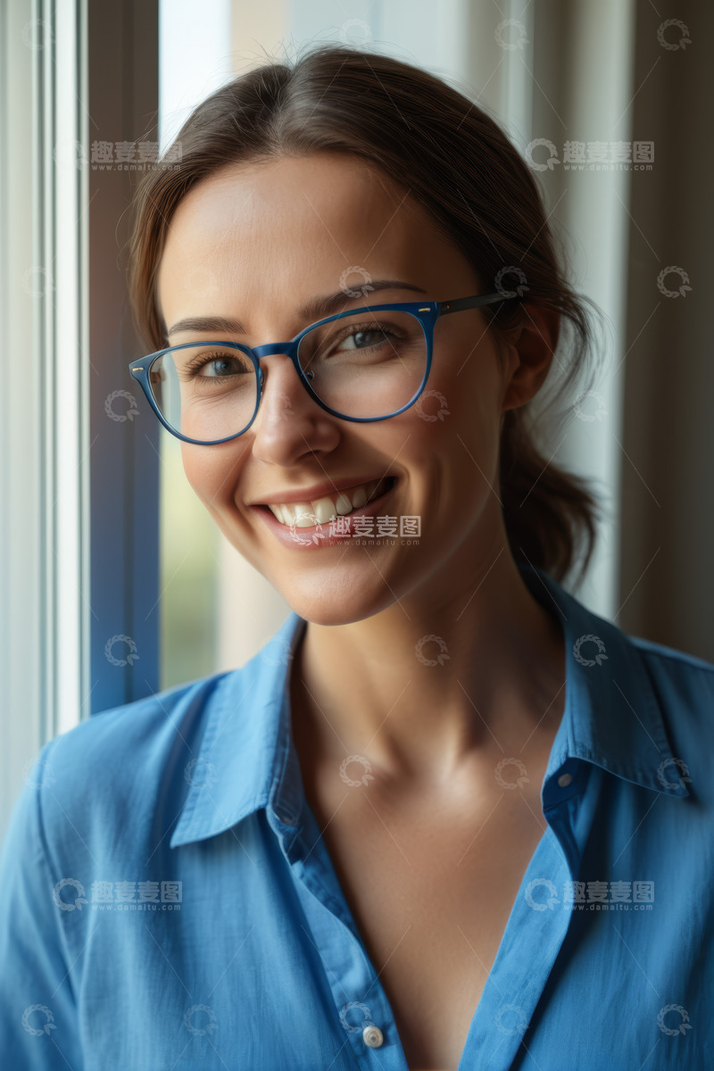 高清大图下载【趣麦麦图】窗边微笑戴眼镜的女士肖像