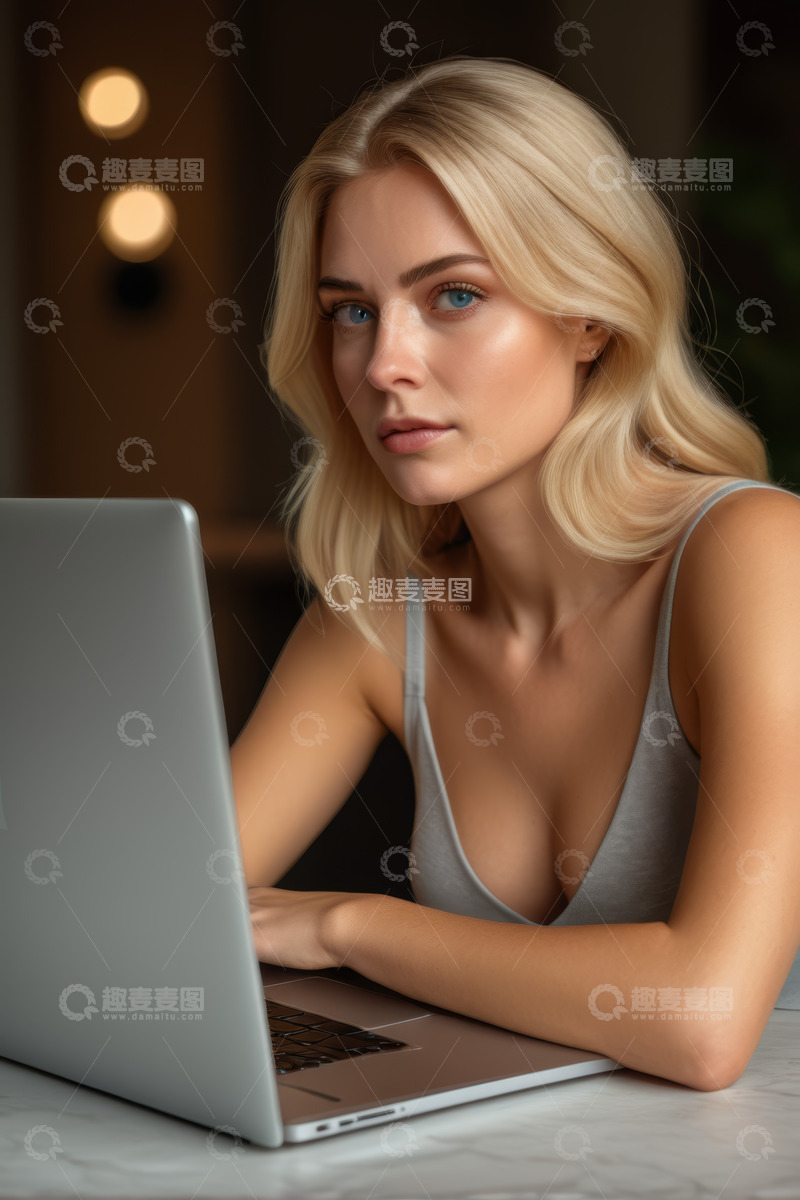 高清大图下载【趣麦麦图】金发女子专注使用笔记本电脑