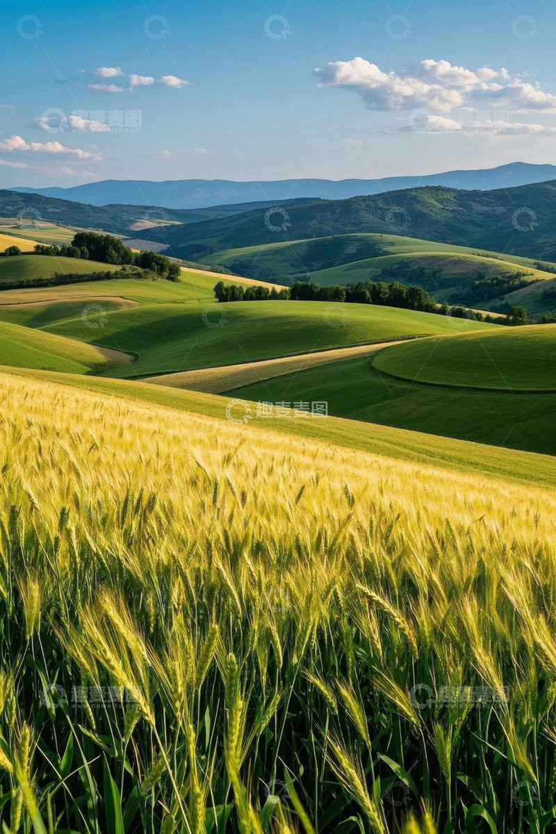 高清大图下载【趣麦麦图】广袤麦田与山丘自然风光