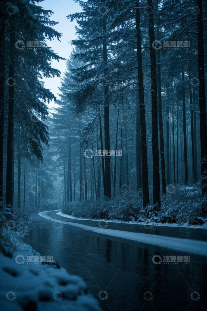 高清大图下载【趣麦麦图】雪后森林中的蜿蜒道路